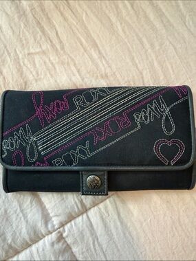 Roxy Black Canvas Wallet with Pink and White Stitching Accents